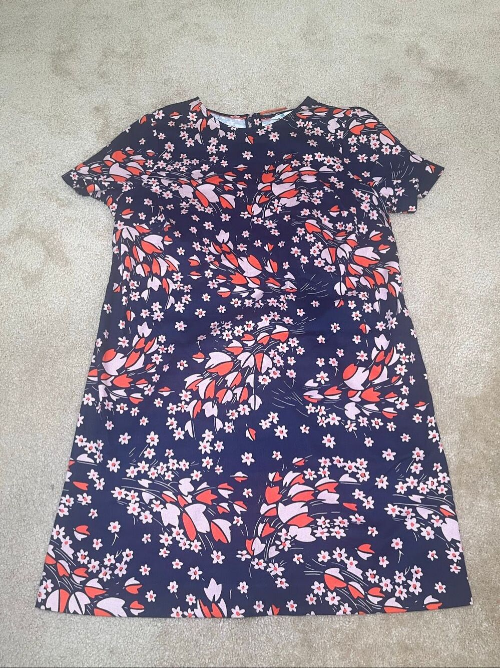 Boden Women’s Size US 14R Navy Floral Shift Dress Short Sleeve Back Zip Stretch